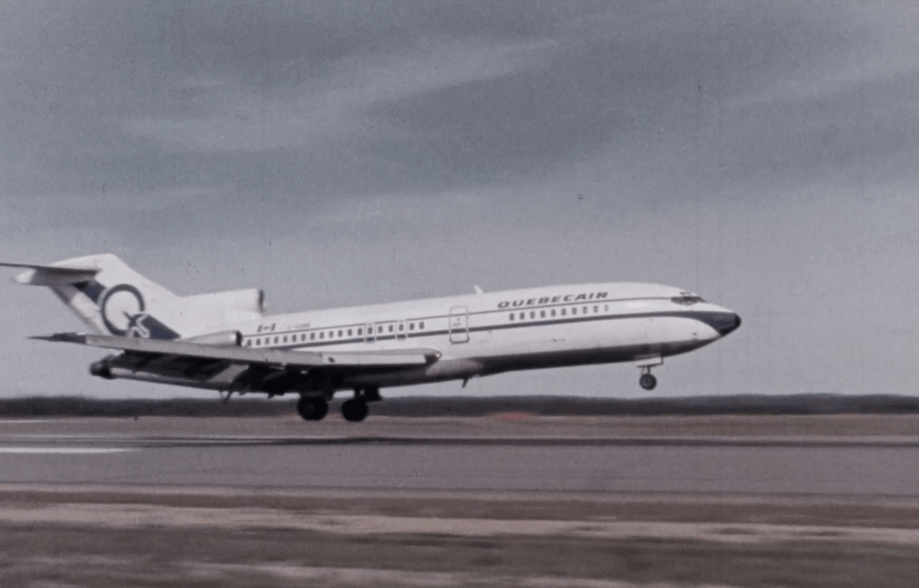Quebecair Boeing 727-100 cabin view in 1978 airline promo film