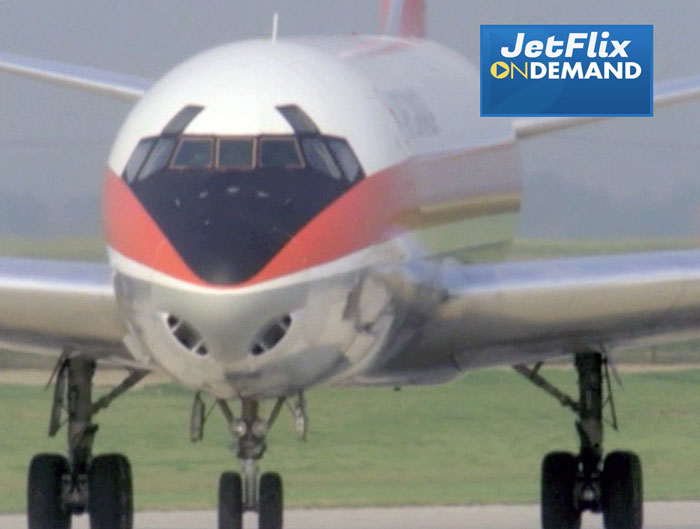 Nose on view of an Air Canada DC-8-43 while taxing at Vancouver's Old Airport circa 1966, preview from the film "Airlines in Canada 1960s" which streams at JetFlix TV
