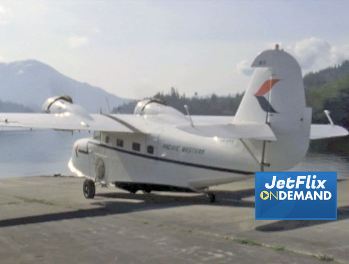 Pacific Western Airlines Grumman Goose CF-UVJ at an unknown amphibian destination on the BC coast circa 1966, clip from the film "Airlines in Canada 1960s" which streams at JetFlix TV