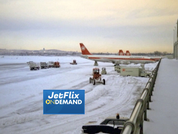 An Air Canada DC-8-54 and two Air Canada Vickers Vanguards at a snowy Montreal Dorval as viewed from the observation deck circa 1967, clip from the film "Airlines in Canada 1960s" which streams at JetFlix TV