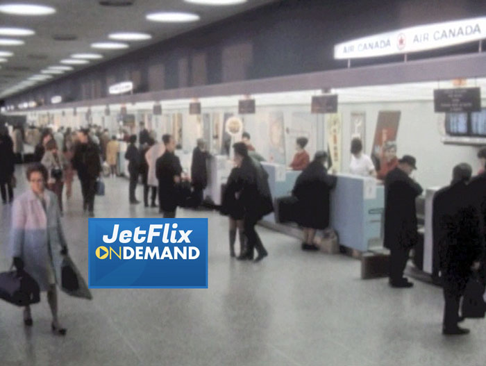 Air Canada passengers checking in at Montreal Dorval airport circa mid 1960s, clip from the film "Airlines in Canada 1960s" which streams at JetFlix TV