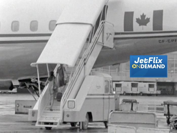 Two female passengers climb aboard Canadian Pacific Airlines DC-8-43 CF-CPF at Montreal Dorval airport circa 1967, clip from the film "Airlines in Canada 1960s" which streams at JetFlix TV