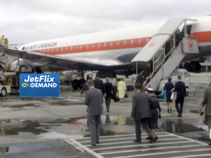 Passengers board an Air Canada Douglas DC-8-43 on the open apron at Montreal Dorval airport circa 1967, clip from the film "Airlines in Canada 1960s" which streams at JetFlix TV