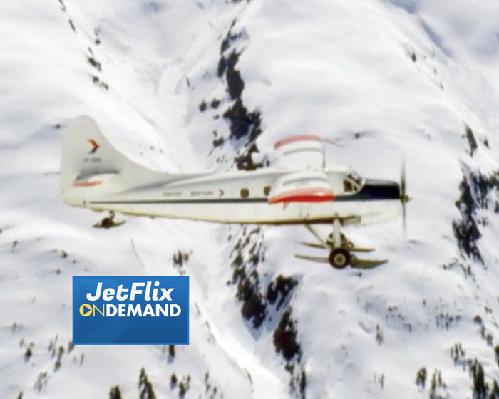 Pacific Western Airlines De Havilland Canada DHC-3 Otter on wheel skis CF-RNO air-to-air coastal BC circa 1967, preview from the film "Airlines in Canada 1960s" which streams at JetFlix TV