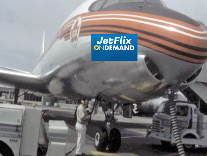 Fabulous ramp view of Trans-Canada Air Lines Douglas DC-8-40 being ground serviced at Montreal Dorval Airport circa 1961, preview from the film "Airlines in Canada 1960s" which streams at JetFlix TV