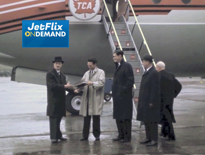 Executives from Vickers hand over delivery of Trans Canada Air Lines Vickers Vanguard CF-TKW at Weybridge Surrey to TCA executives, preview from the film "Airlines in Canada 1960s" which streams at JetFlix TV