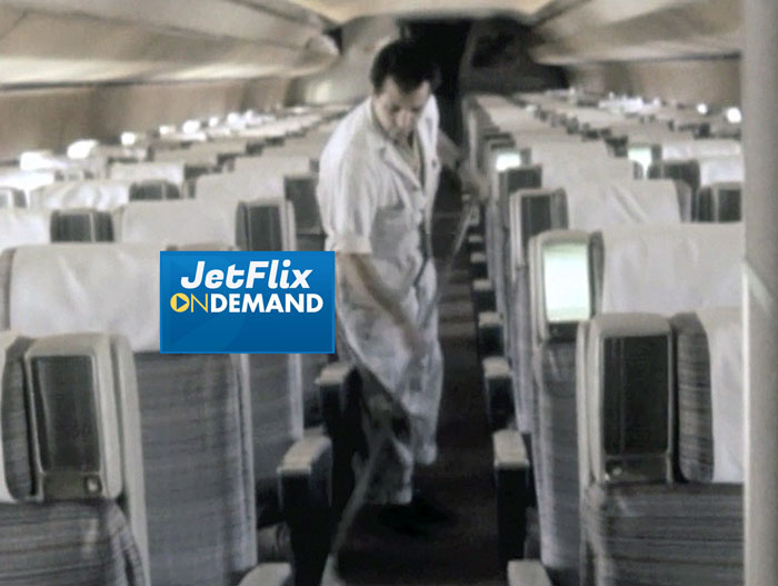 A Trans-Canada Air Lines groomer prepares the passenger cabin of a Douglas DC-8-40 for passenger boarding at Dorval Airport circa 1962, preview from the film "Airlines in Canada 1960s" which streams at JetFlix TV