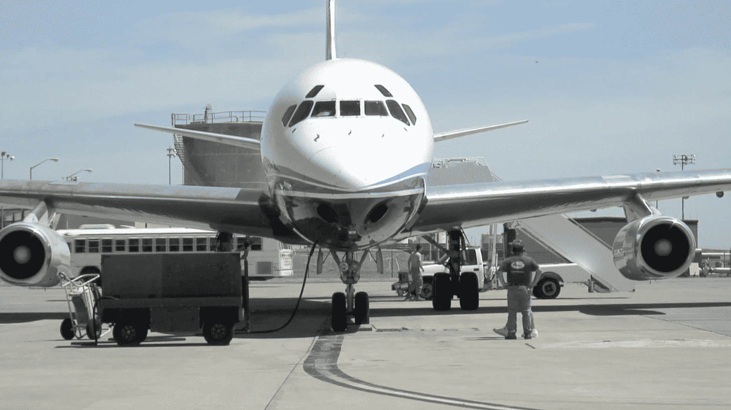 Ground techs prepare ATI DC-8-62 N799AL for engine start for the last time ever (before the classic jetliner was retired) at Travis AFB on May 12, 2013. This is a screenshot from the 9 episode mini series "DC-8 Farewell" that streams on the JetFlix TV streaming service for aviation super fans.