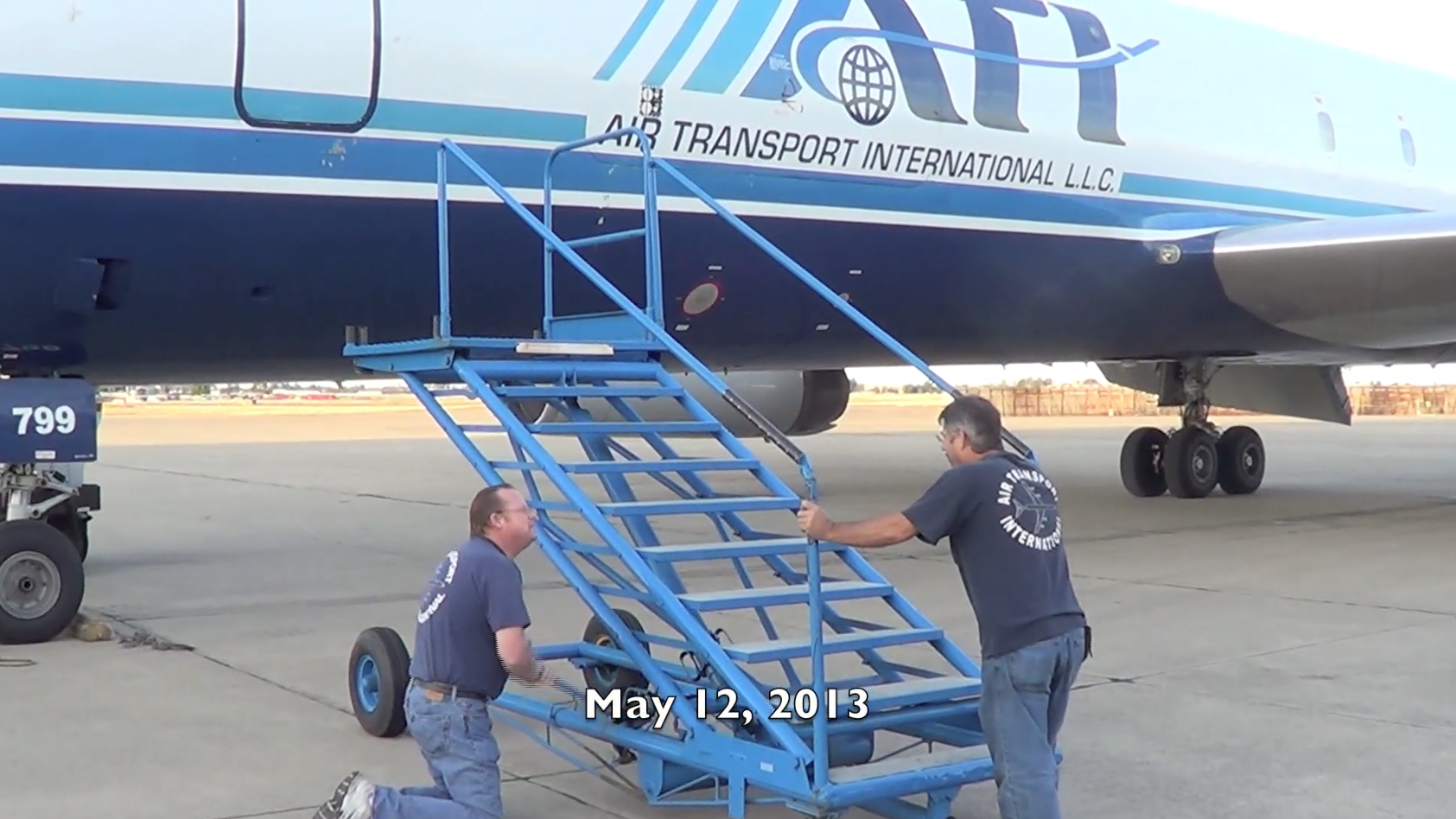 ATI DC-8-62 N799AL is prepared for its final flight within the Continental United States by ATI maintenance engineers Robert Dobler and Phil Sisco at McClellan Airport on May 12, 2013. This is a screenshot from the 9 episode mini series "DC-8 Farewell" that streams on the JetFlix TV streaming service for aviation super fans.
