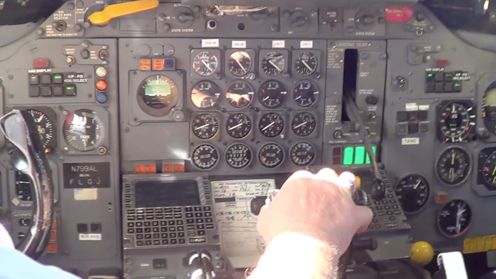 ATI DC-8-62 Captain Brad Watts advances the throttles to full take off power on board ATI DC-8-62 N799AL on its final flight within the Continental United States from McClellan Airport on May 12, 2013, bound for Travis AFB. This is a screenshot from the 9 episode mini series "DC-8 Farewell" that streams on the JetFlix TV streaming service for aviation super fans.