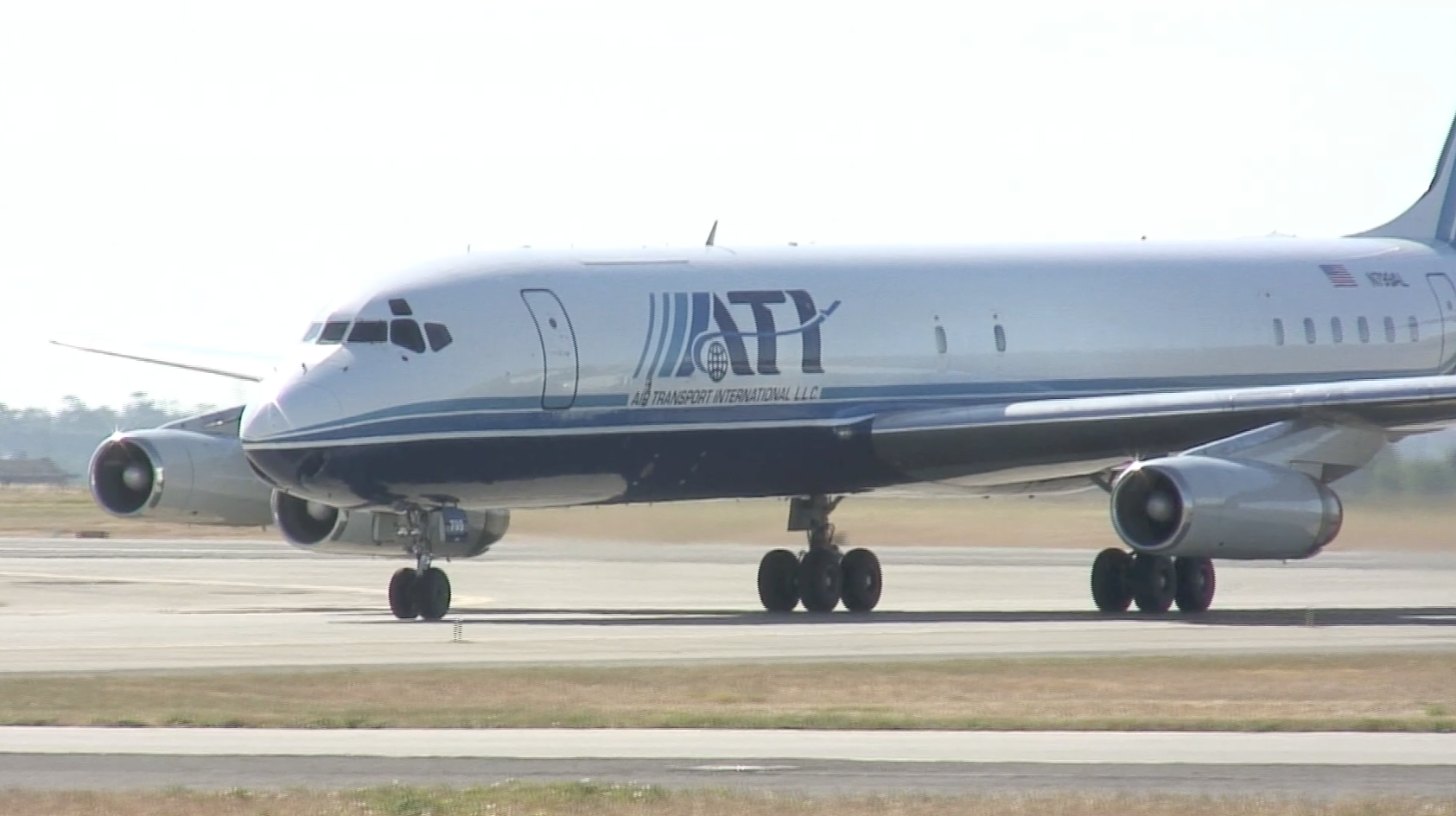 ATI DC-8-62 N799AL is seen taxiing to the parking area having just touched down at Travis AFB inbound from McClellan Airport on May 12, 2013. This was the very last ever passenger DC-8 flight in the Continental United Sates. This is a screenshot from the 9 episode mini series "DC-8 Farewell" that streams on the JetFlix TV streaming service for aviation super fans.