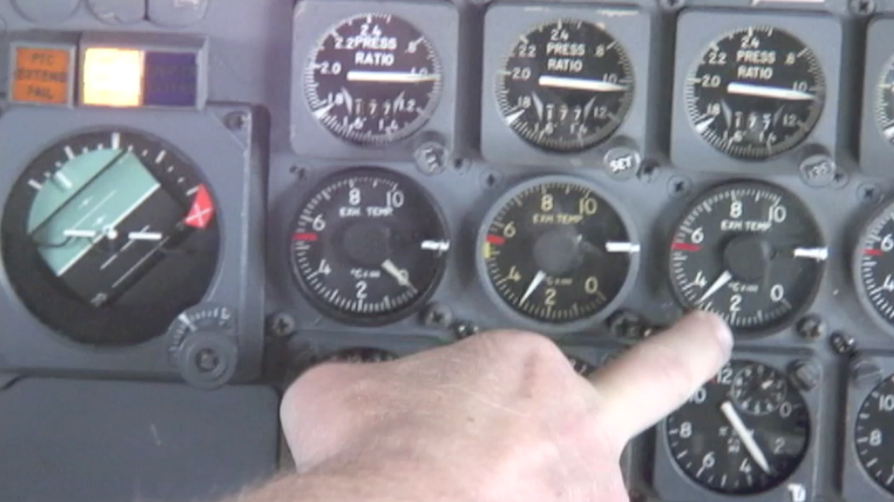 Both JT3 engines are running with ATI maintenance engineer Robert Dobler pointing out the engine temps on board DC-8-62 N799AL at McClellan Airport on May 10, 2013, in preparation for a taxi and max power engine check on two of the JT3 engines. JetFlix TV's Henry Tenby filmed the entire event using multiple video camera on the flight deck, exterior of the aircraft and in the cabin viewing the wings and engines. The check was performed by ATI maintenance and engineers Robert Dobler and Phil Sisco. Two days later this aircraft was filmed on its flight to Travis AFB. This is a screenshot from the 9 episode mini series "DC-8 Farewell" that streams on the JetFlix TV streaming service for aviation super fans.