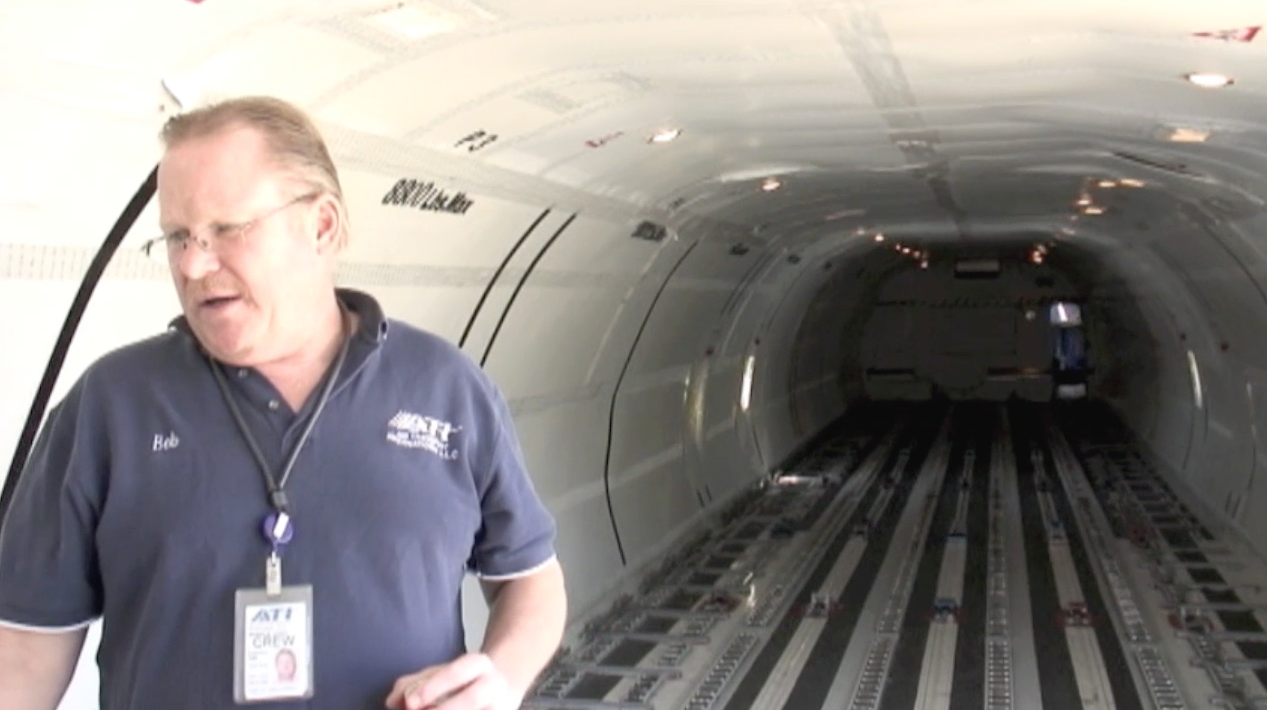 ATI maintenance engineer Robert Dobler showing the main deck cargo hold during a very detailed aircraft and systems tour of ATI DC-8-62 N799AL at McClellan Airport on May 10, 2013, prior to taxi and engine tests done that same day. This is a screenshot from the 9 episode mini series "DC-8 Farewell" that streams on the JetFlix TV streaming service for aviation super fans.