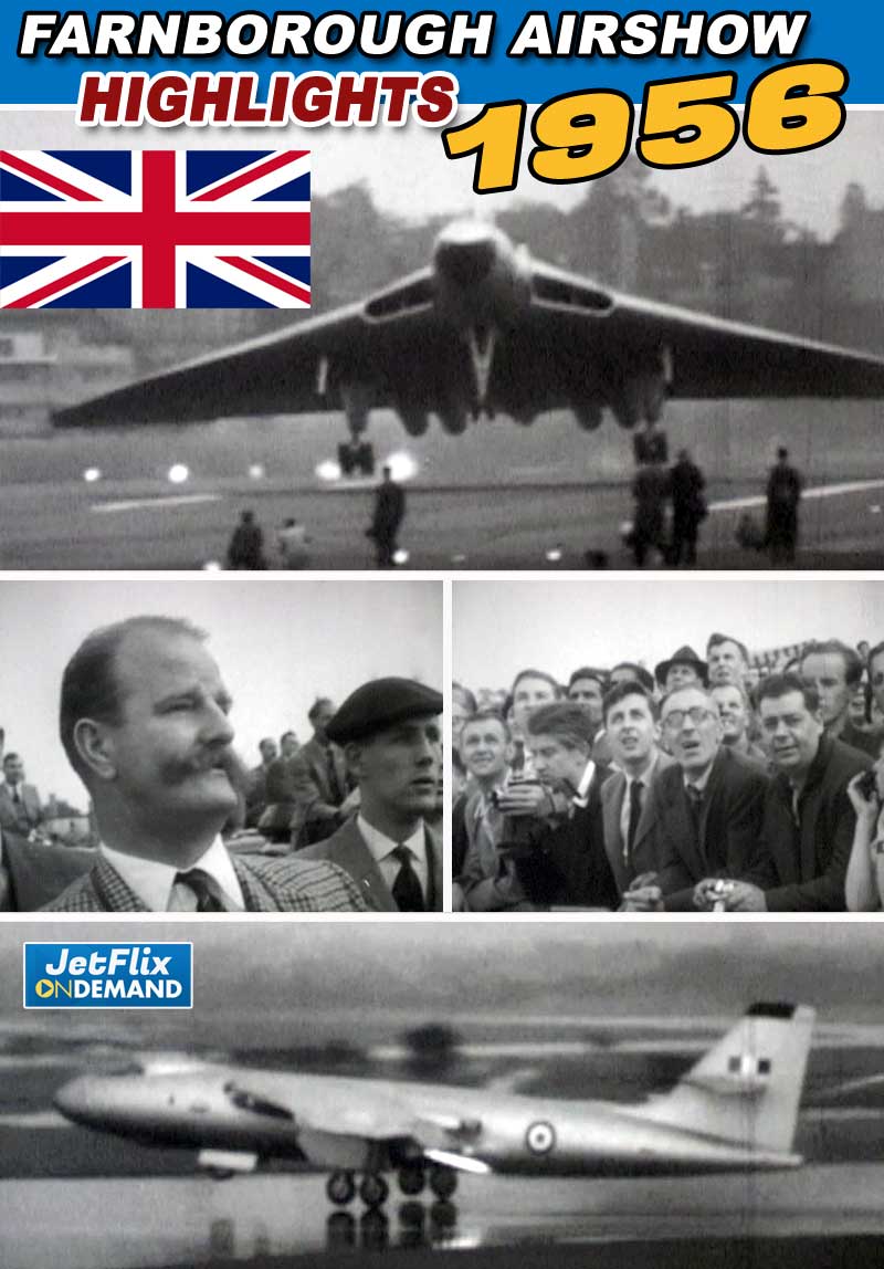 This black and white publicity film showcases the highlights from the SBAC Farnborough airshow of 1956. Aviation highlights included: Avro Lincoln Tyne engine testbed, V Bombers, the Victor, Valiant and Vulcan, Hunting Percival President, Vickers Swift, Canberra, Bristol Type 173 helicopter for BEA, Blackburn Beverley, Handley Page Herald and the Bristol Britannia.
